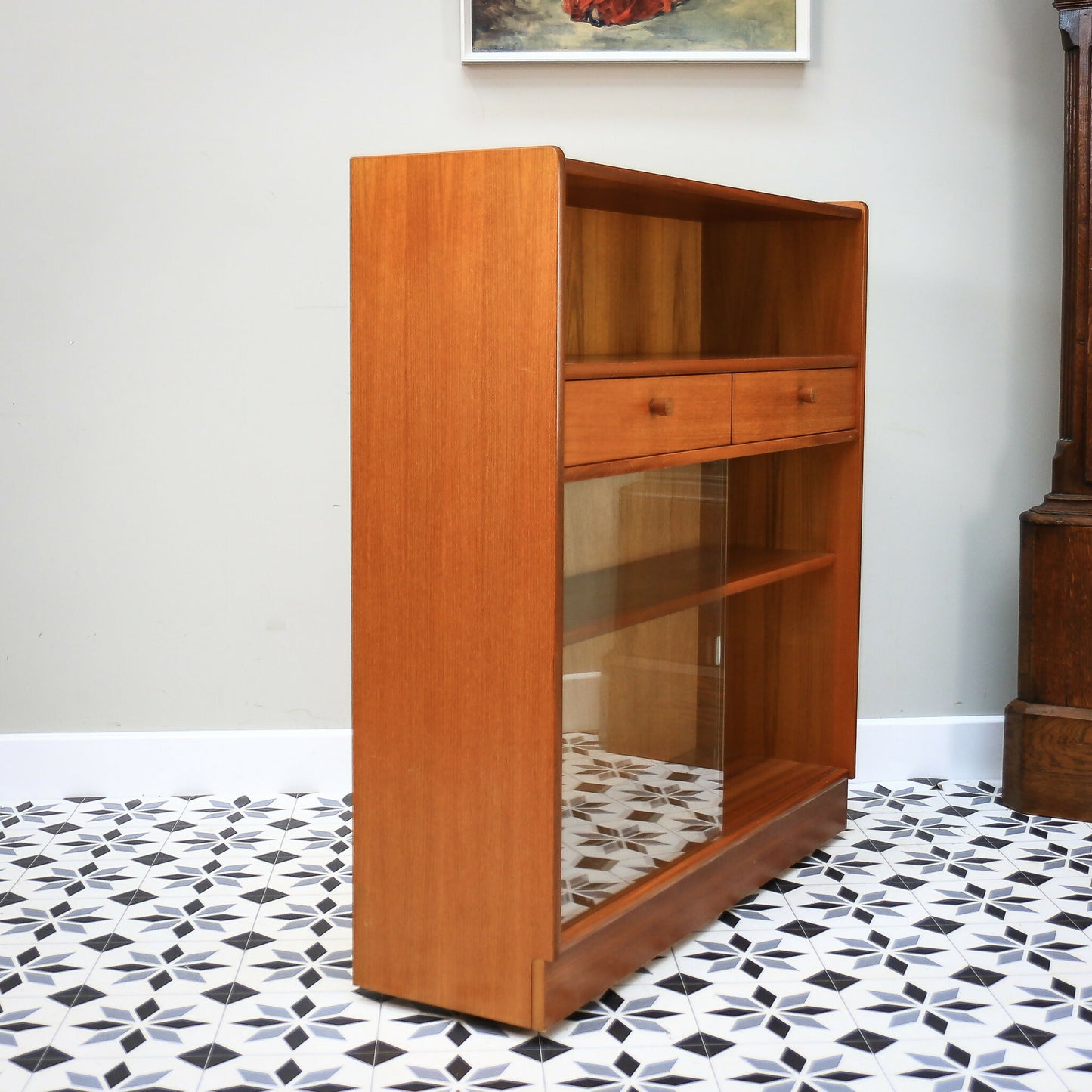 Nathan Teak Slimline Bookcase Wall Unit with Glass Doors and Two Drawers