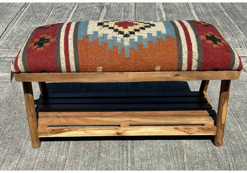 Beautiful Contemporary Kilim Kelem Flat Weave Upholstered Bench Seat With Rack