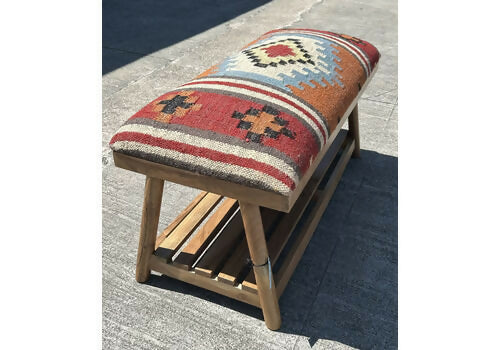 Beautiful Contemporary Kilim Kelem Flat Weave Upholstered Bench Seat With Rack