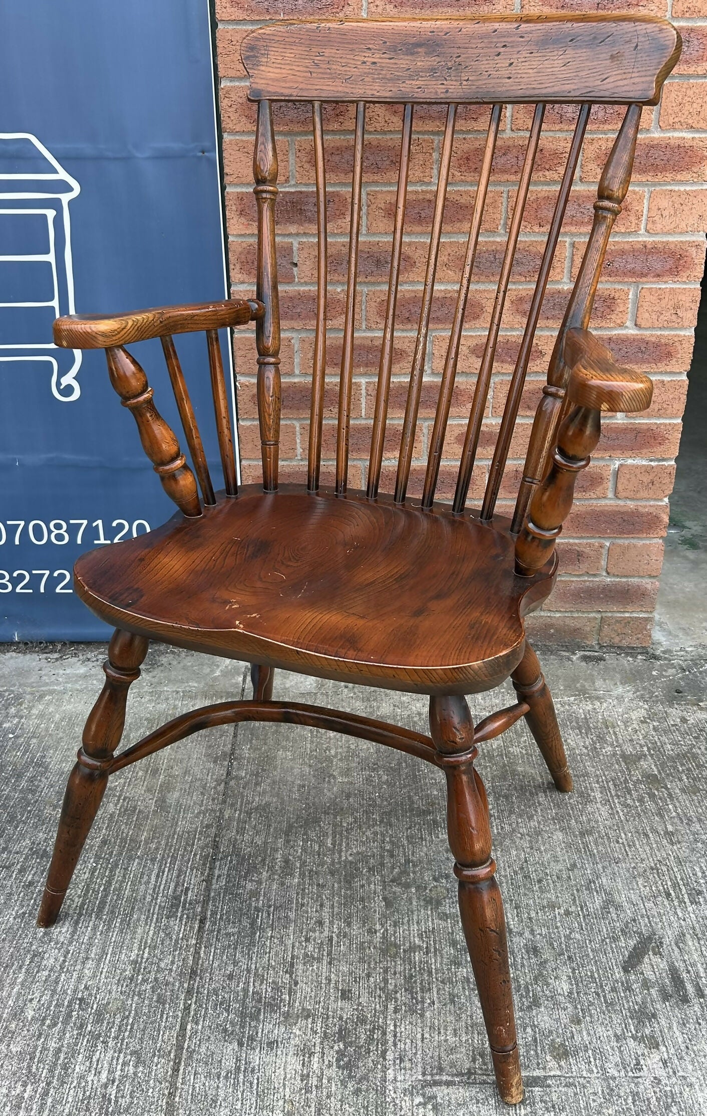 Antique Style Oak & Elm Comb Back Windsor Chair Crinoline Stretcher Armchair