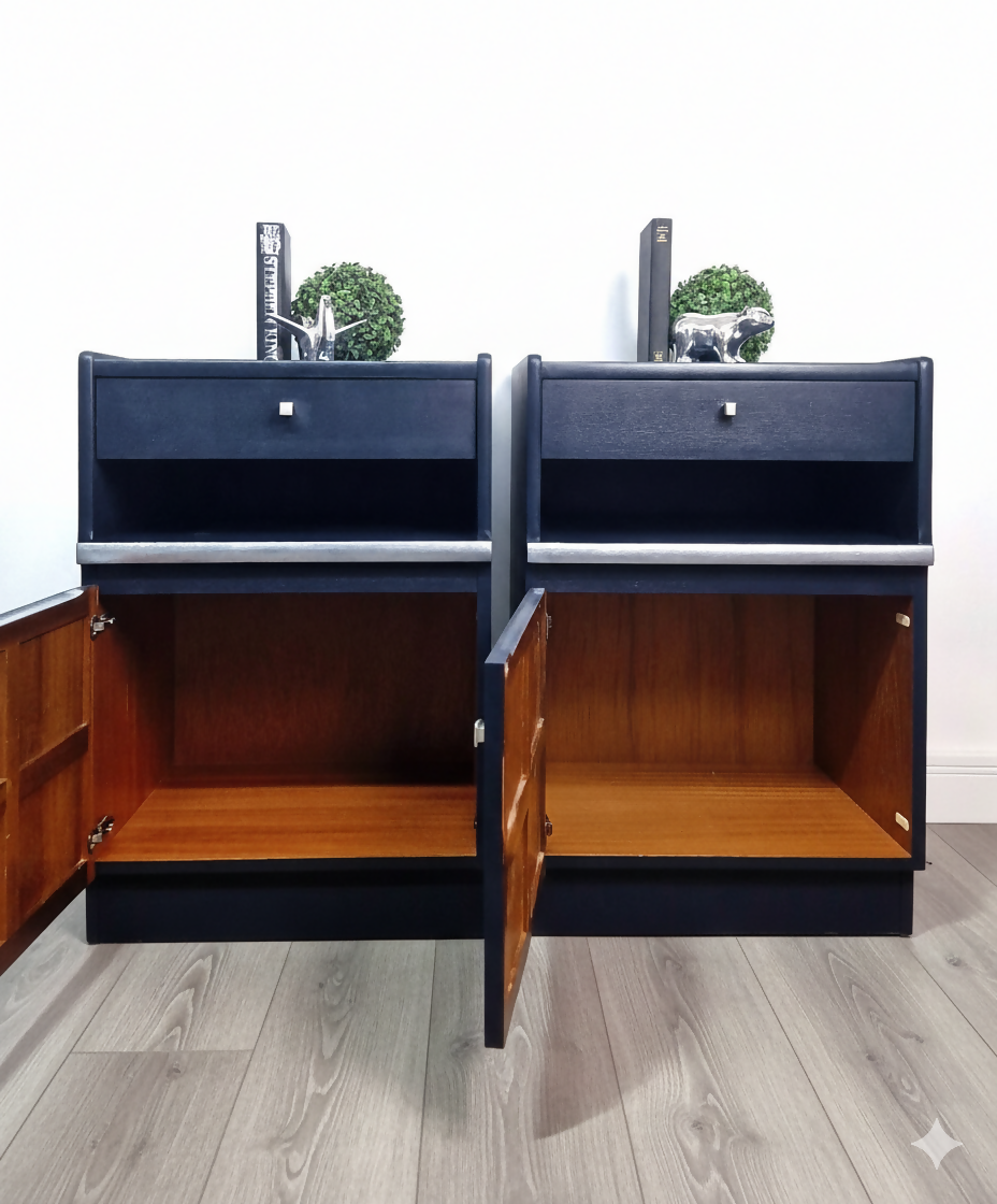 Nathan teak navy bedside tables