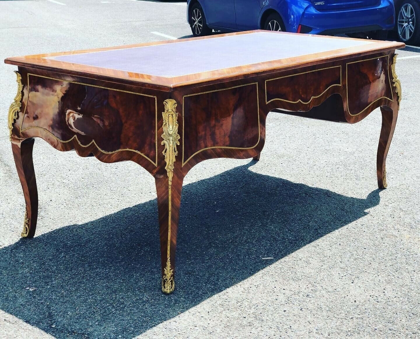 French Empire Style Large Inlaid Kingswood Desk With Brass Decoration