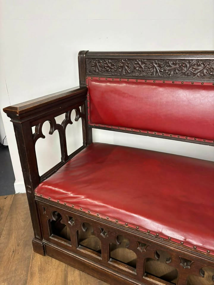 Victorian Carved Oak Gothic Revival Bench Settle