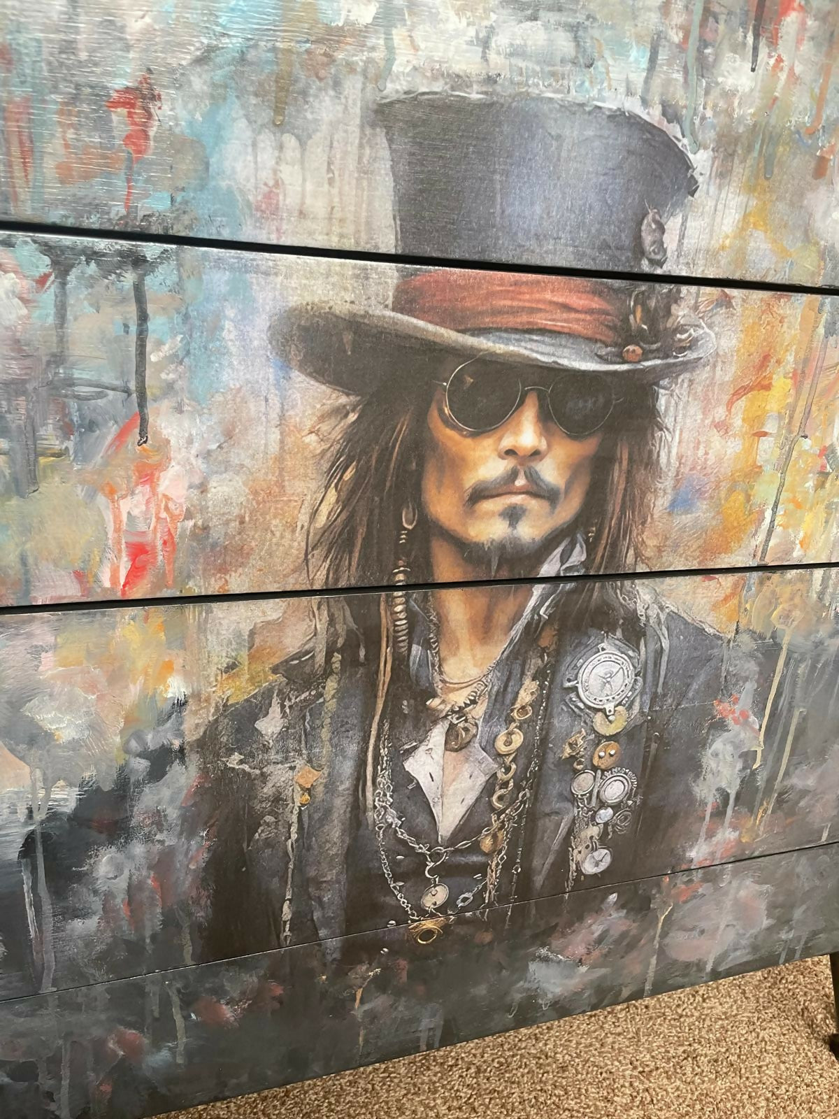 Jonny Depp inspired, decoupaged G Plan chest of drawer