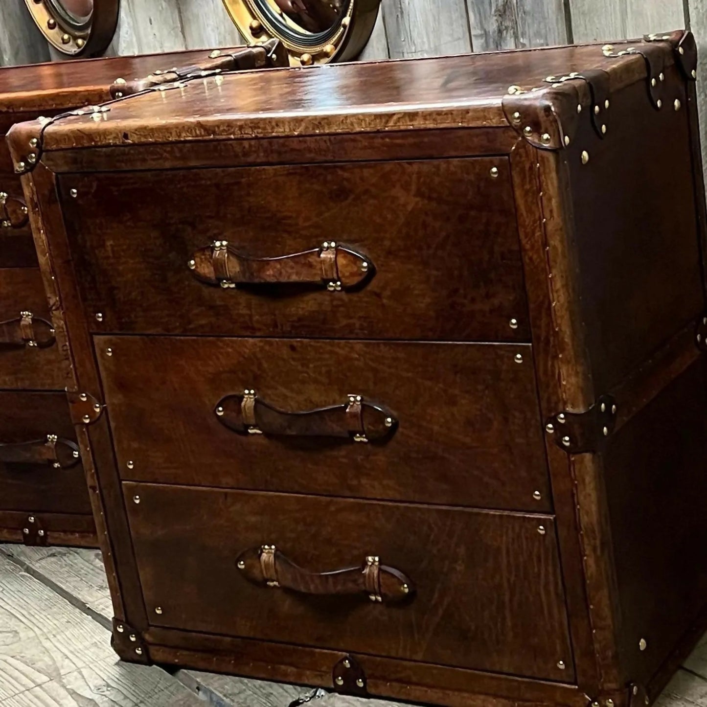 Leather luxury English bedside drawers - Handmade nightstands - Hand dyed bridle - Chestnut brown