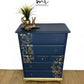 Refinished Stag Minstrel Tallboy Chest Of Drawers In Navy Blue With Gold Foil Floral Bird Design