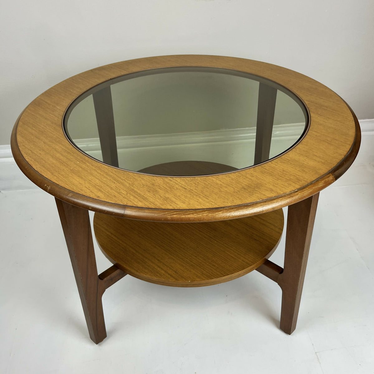 Vintage Remploy Teak Coffee Table Glass Top Round Mid Century Side Table 58.5cm