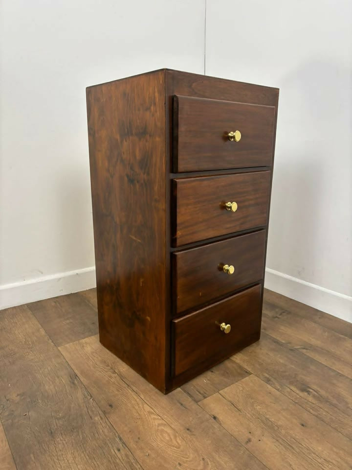 Vintage Dark Oak Veneer Narrow Of Four Drawer Chest