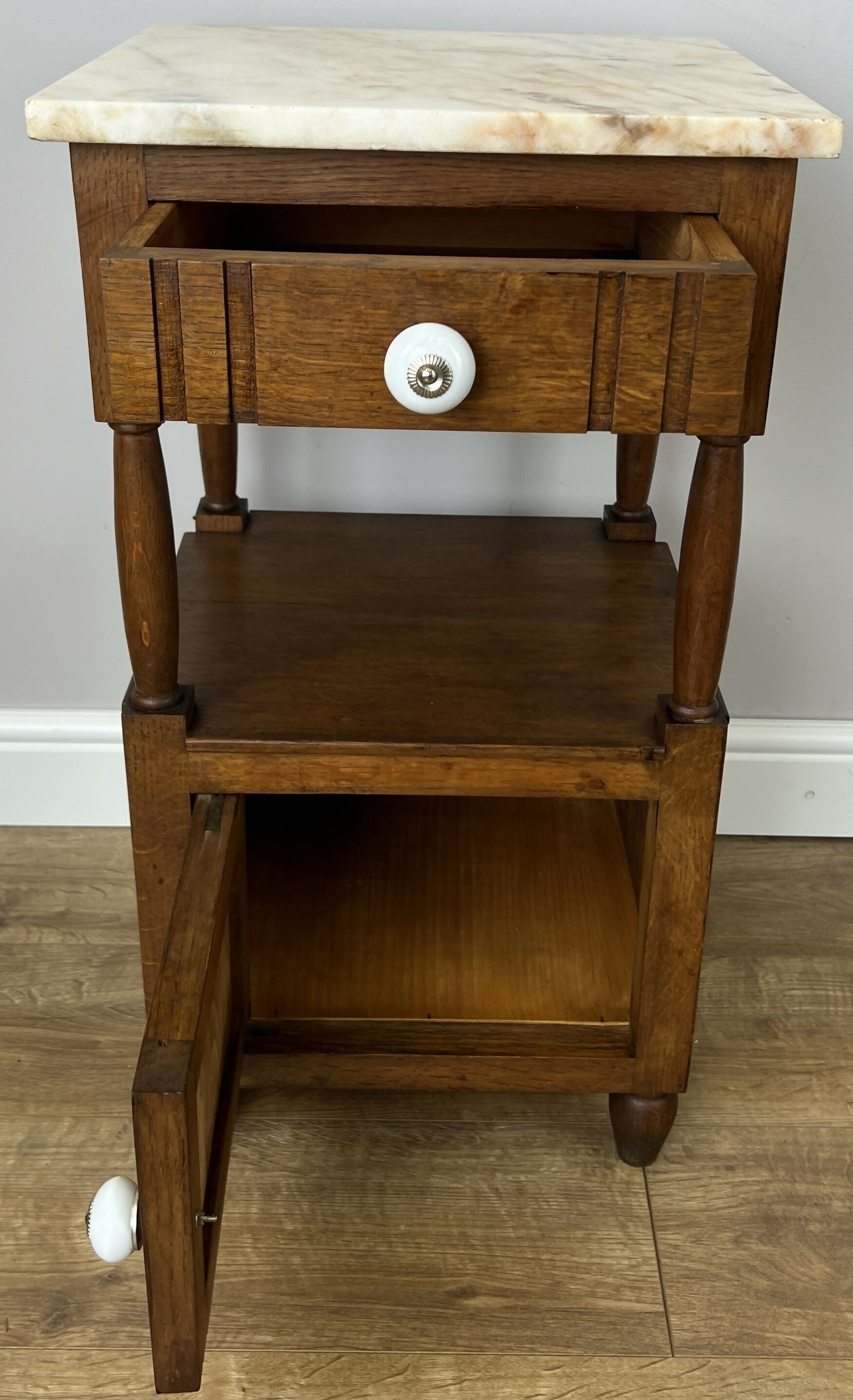 Pair of Bedside Tables Antique French Marble Top Oak Carved Cabinets LOT 6182