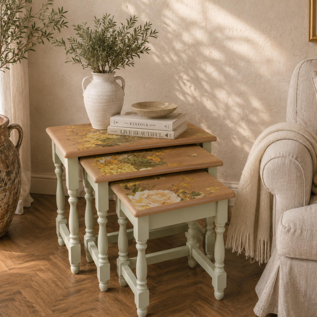 Vintage Oak Floral Nest of Three Tables | Hand Painted Upcycled Sage & Cream Nesting Tables