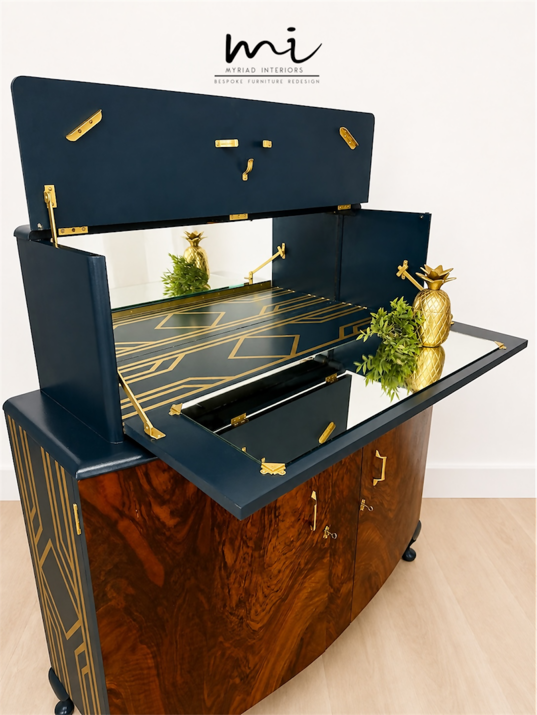 Navy Blue and Gold Art Deco Walnut Drinks Cabinet, cocktail cabinet, 1930s, vintage bar, sideboard, refurbished