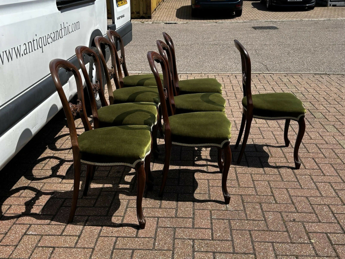 Set of 8 Green Balloon Back Mahogany Dining Chairs.
