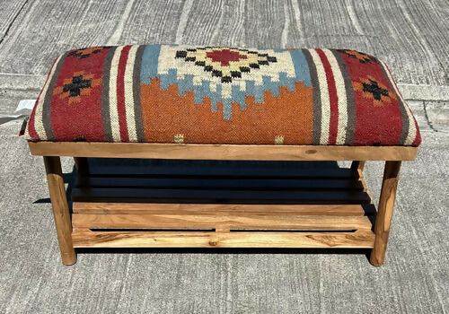 Beautiful Contemporary Kilim Kelem Flat Weave Upholstered Bench Seat With Rack