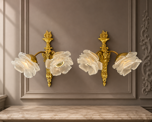 Pair of Wall Lights Vintage French Ornate Double Arm Glass Sconces LOT 6477