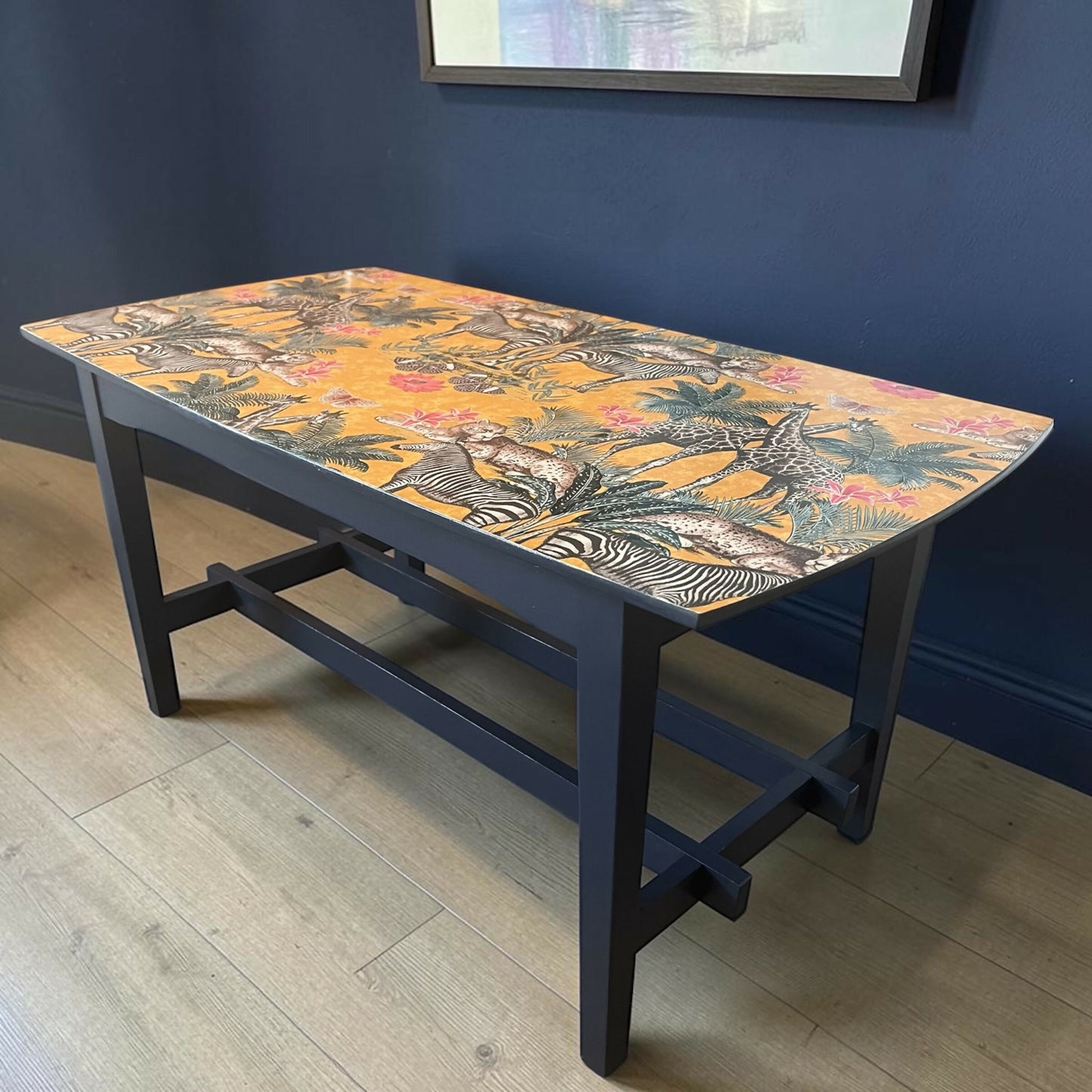 Navy Blue Coffee Table with Sealed Wild Animal Print Top