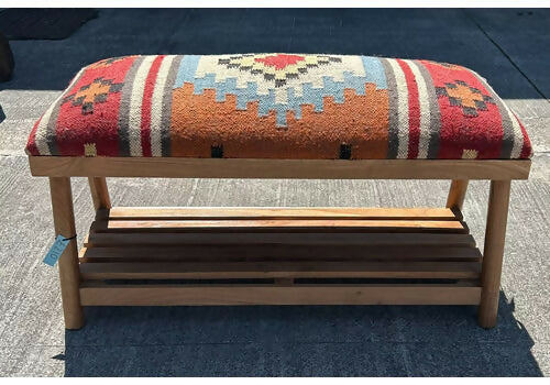 Beautiful Contemporary Kilim Kelem Flat Weave Upholstered Bench Seat With Rack