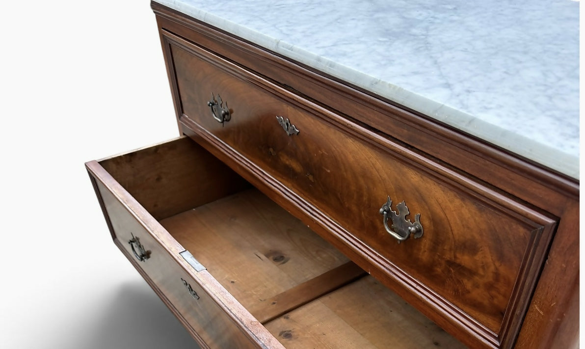 Antique Flame Mahogany Louis XVI Style Marble Top chest of drawers