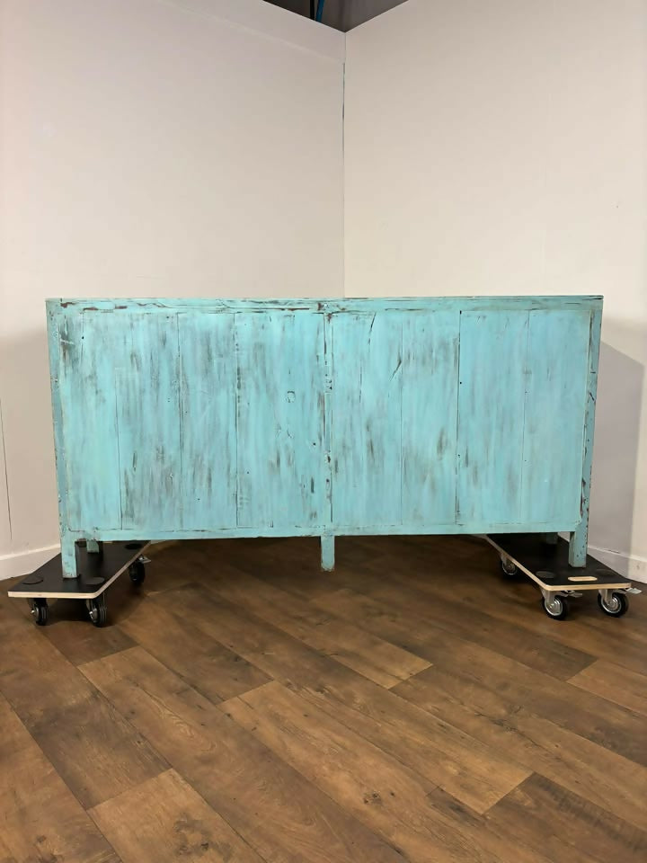 Vintage Indian Reclaimed Rustic Sideboard With 18 Drawers - In Duck Egg Blue