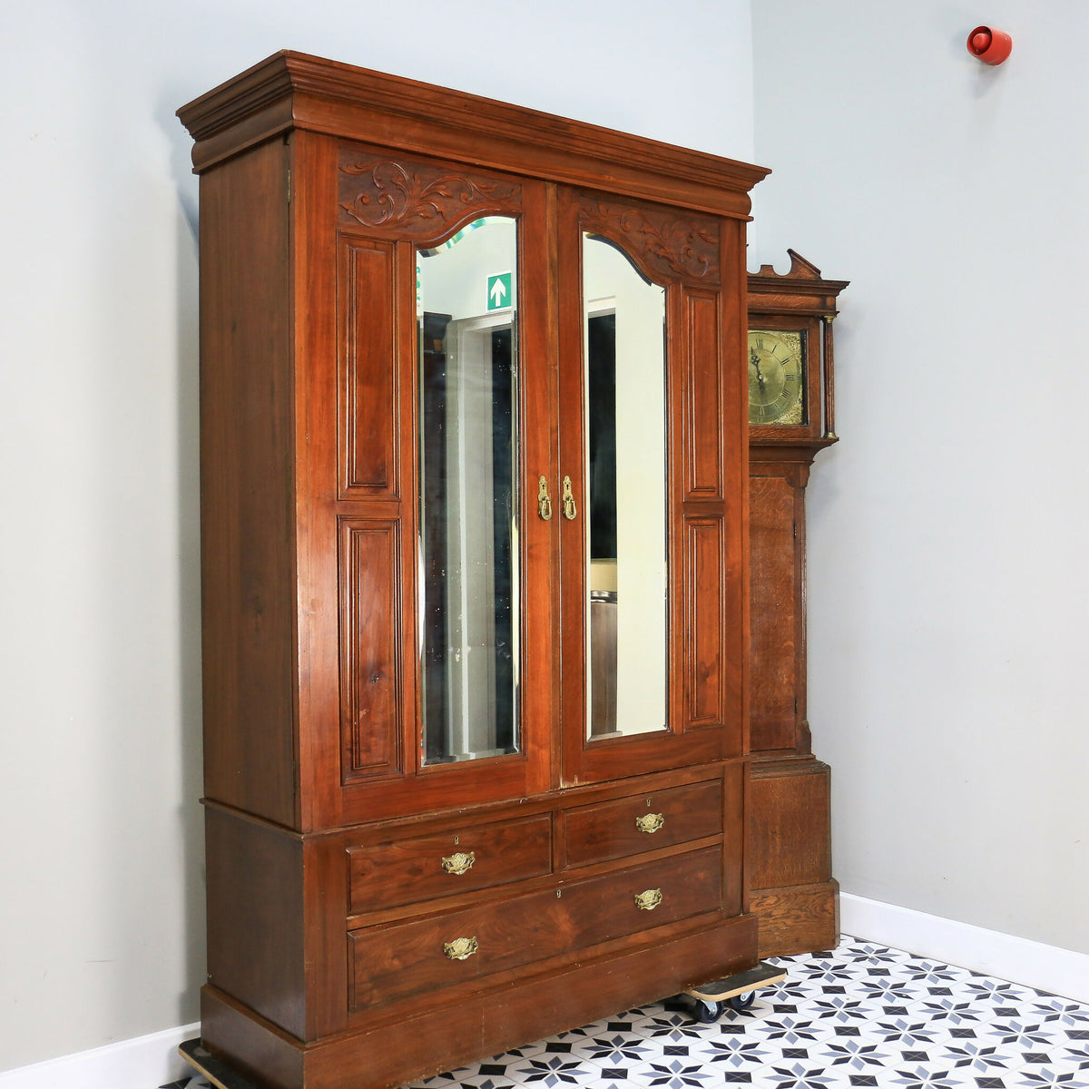 Antique Double Wardrobe Mirrored Doors and Drawers Late Victorian