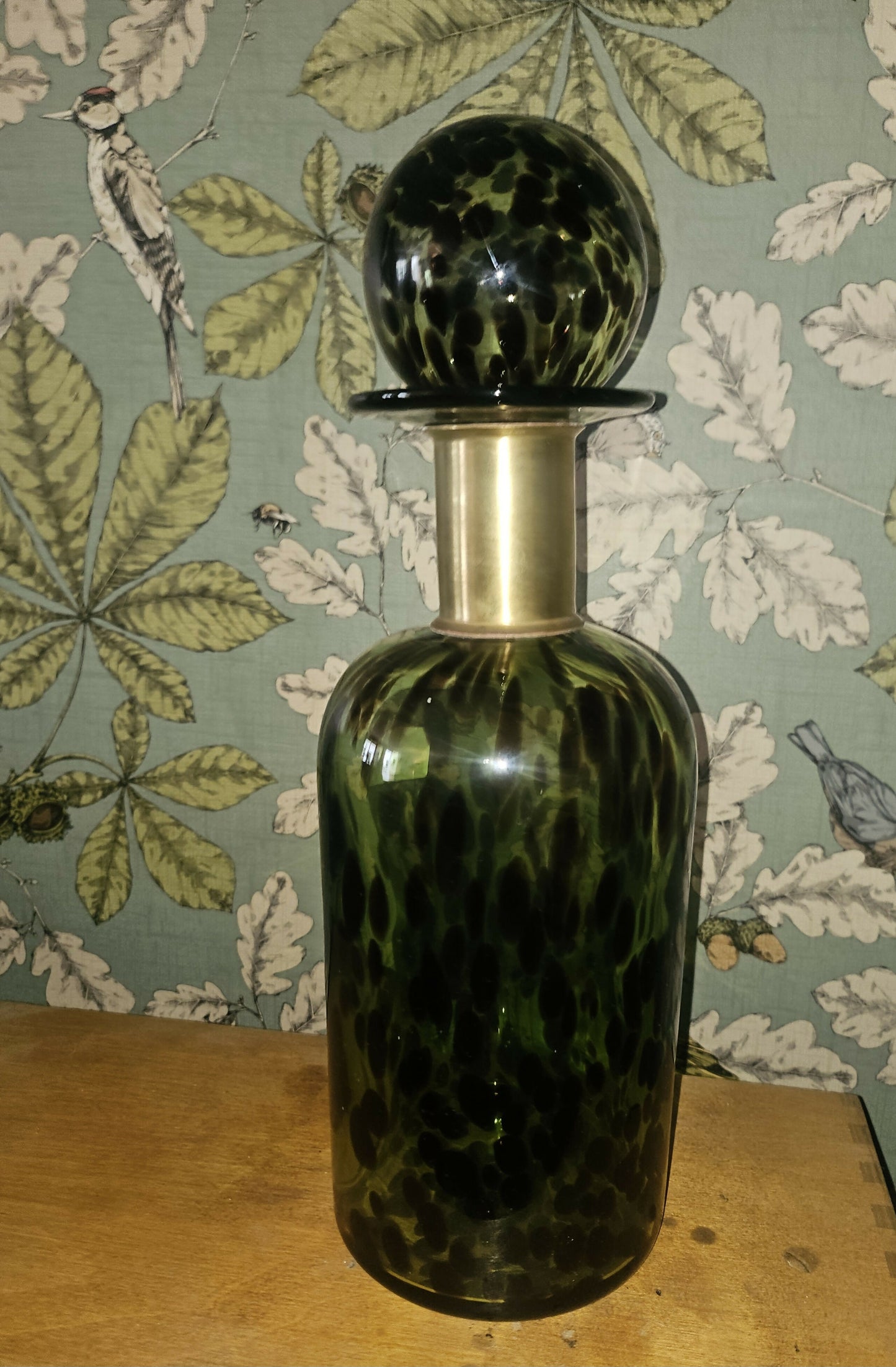 Green Glass Apothecary Bottle with Brass Collar