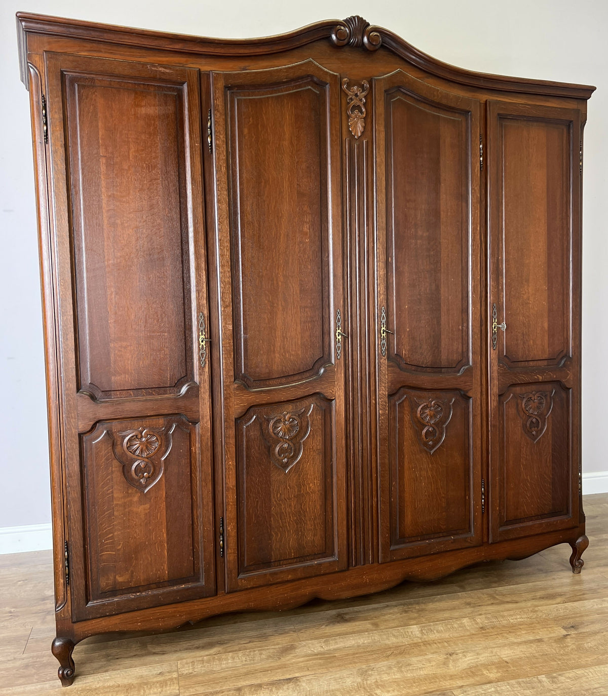 Wardrobe Vintage French Louis XVI Style Oak Four Door Carved Armoire LOT 6502