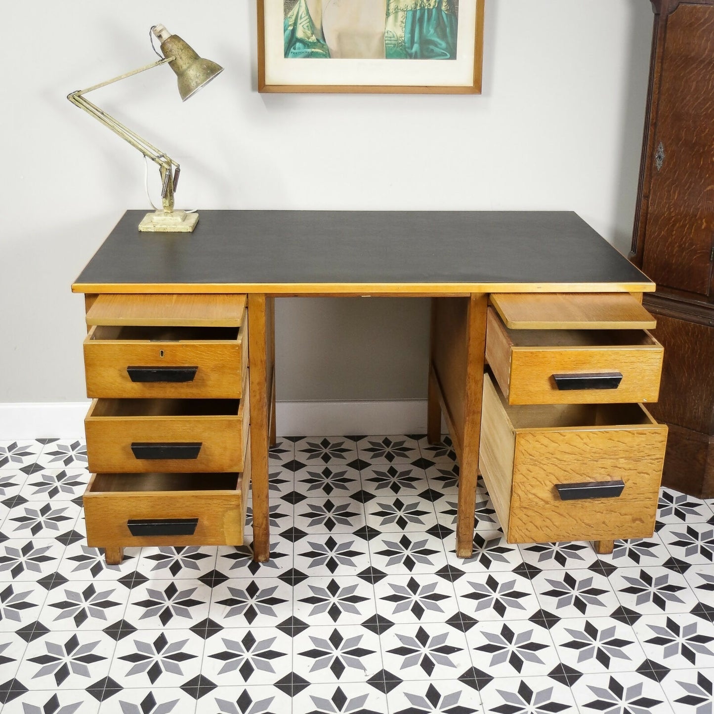 Vintage Oak Faced Mid Century Twin Pedestal Desk with Black Leatherette Top