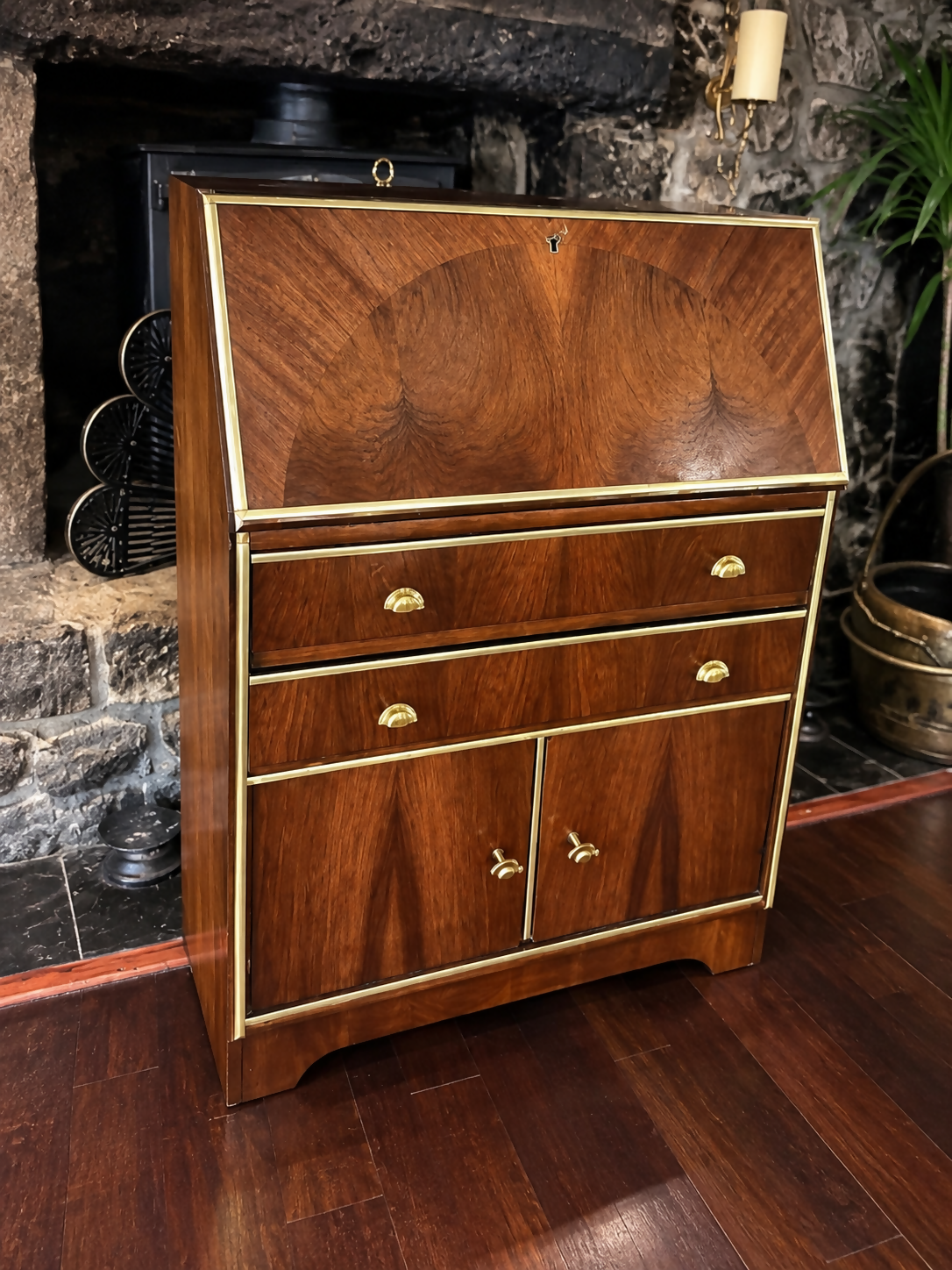 Art Deco Style Walnut Bureau/Writing Desk with Teal & Gold Interior