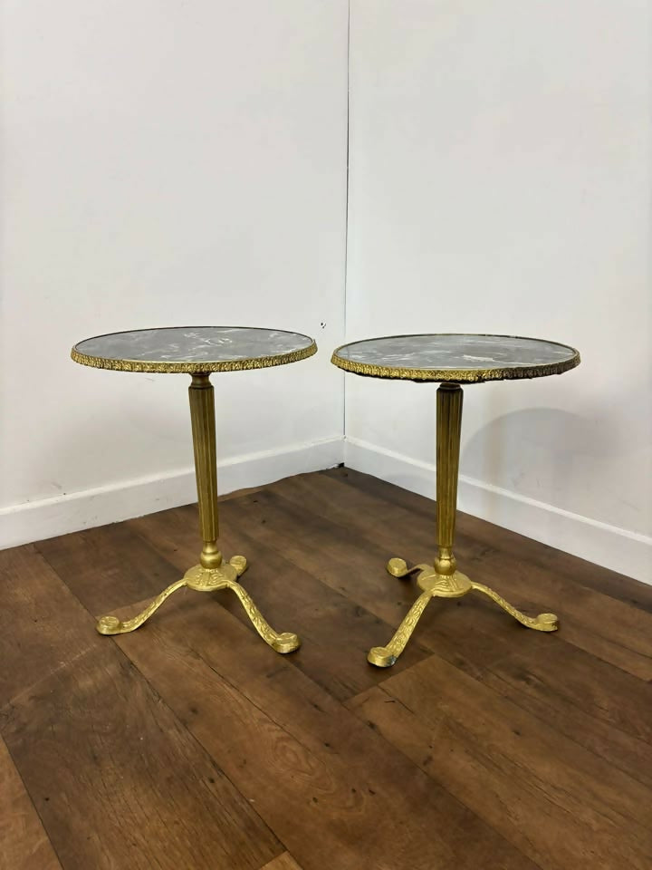 Pair of Circular Gilt Based Tripod Wine Tables with Faux Marble Tops