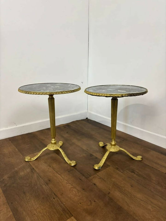 Pair of Circular Gilt Based Tripod Wine Tables with Faux Marble Tops