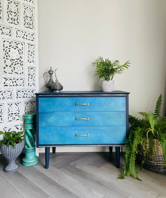 Mid Century Chest of Drawers Hand Painted Blue
