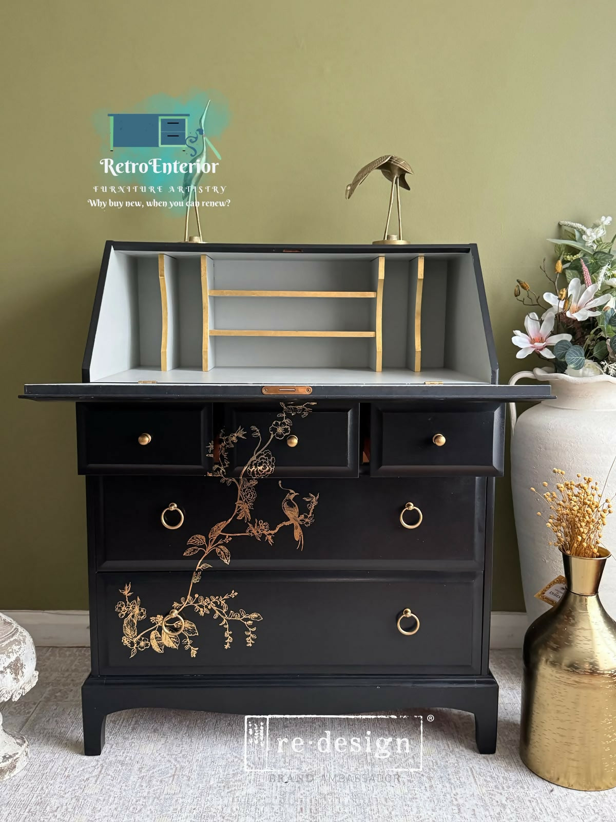 Vintage Stag Bureau / Secretary Desk – Coal Black & Gold