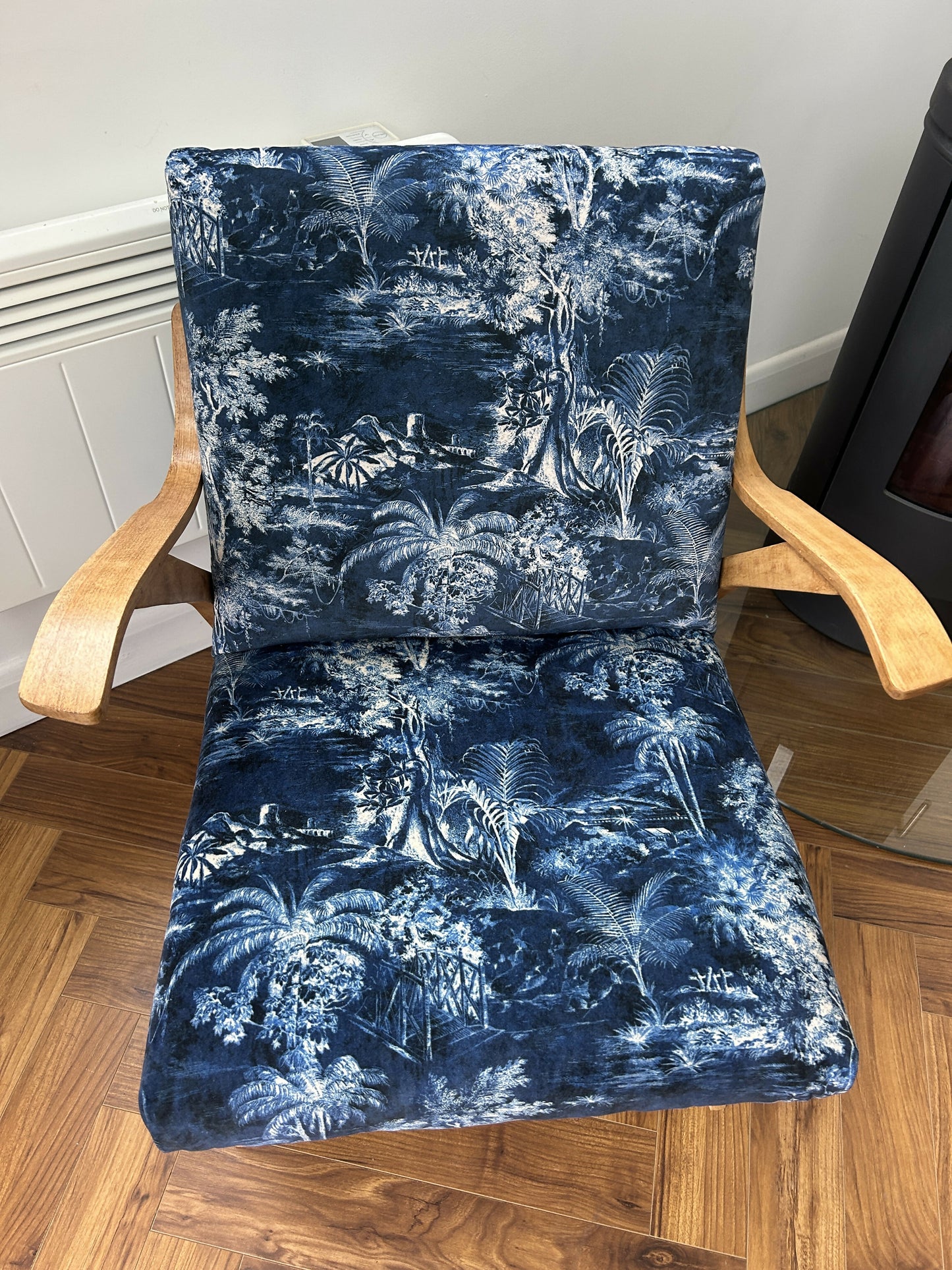 Mid-Century Armchair with Sculptural Oak Frame, Reupholstered in Linwood Velvet, c.1950s