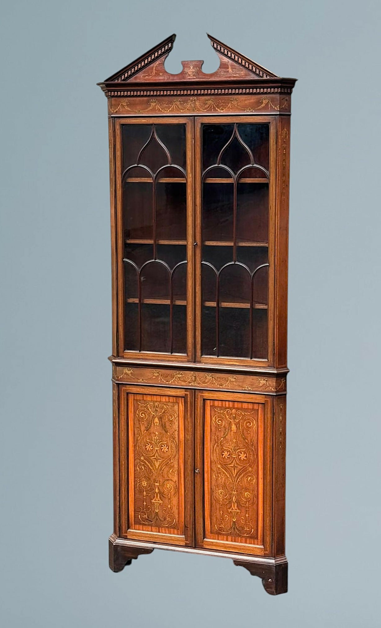 An Edwardian Mahogany, Satinwood and Marquetry Inlaid Corner Cabinet
