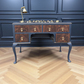 Vintage art deco navy blue and gold dressing table, walnut burr wood desk