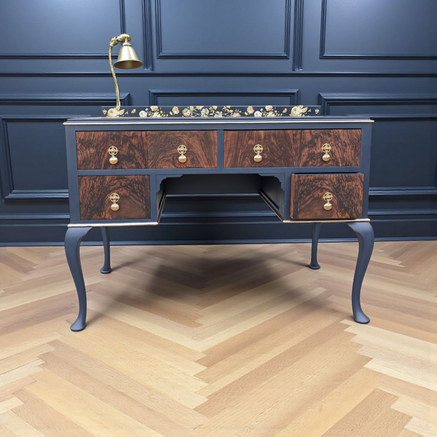 Vintage art deco navy blue and gold dressing table, walnut burr wood desk