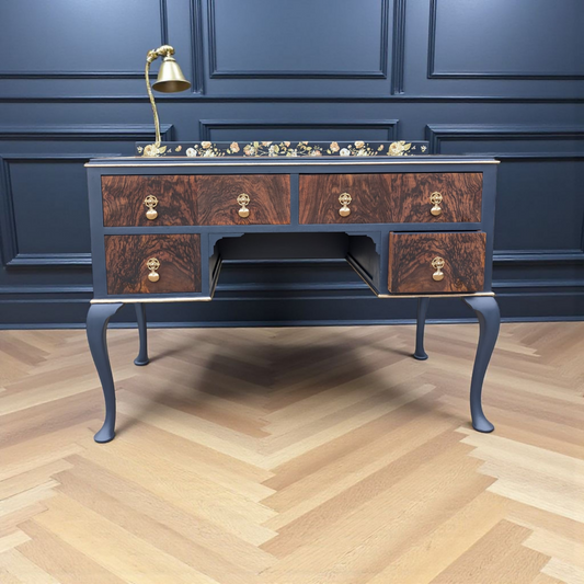 Vintage art deco navy blue and gold dressing table, walnut burr wood desk