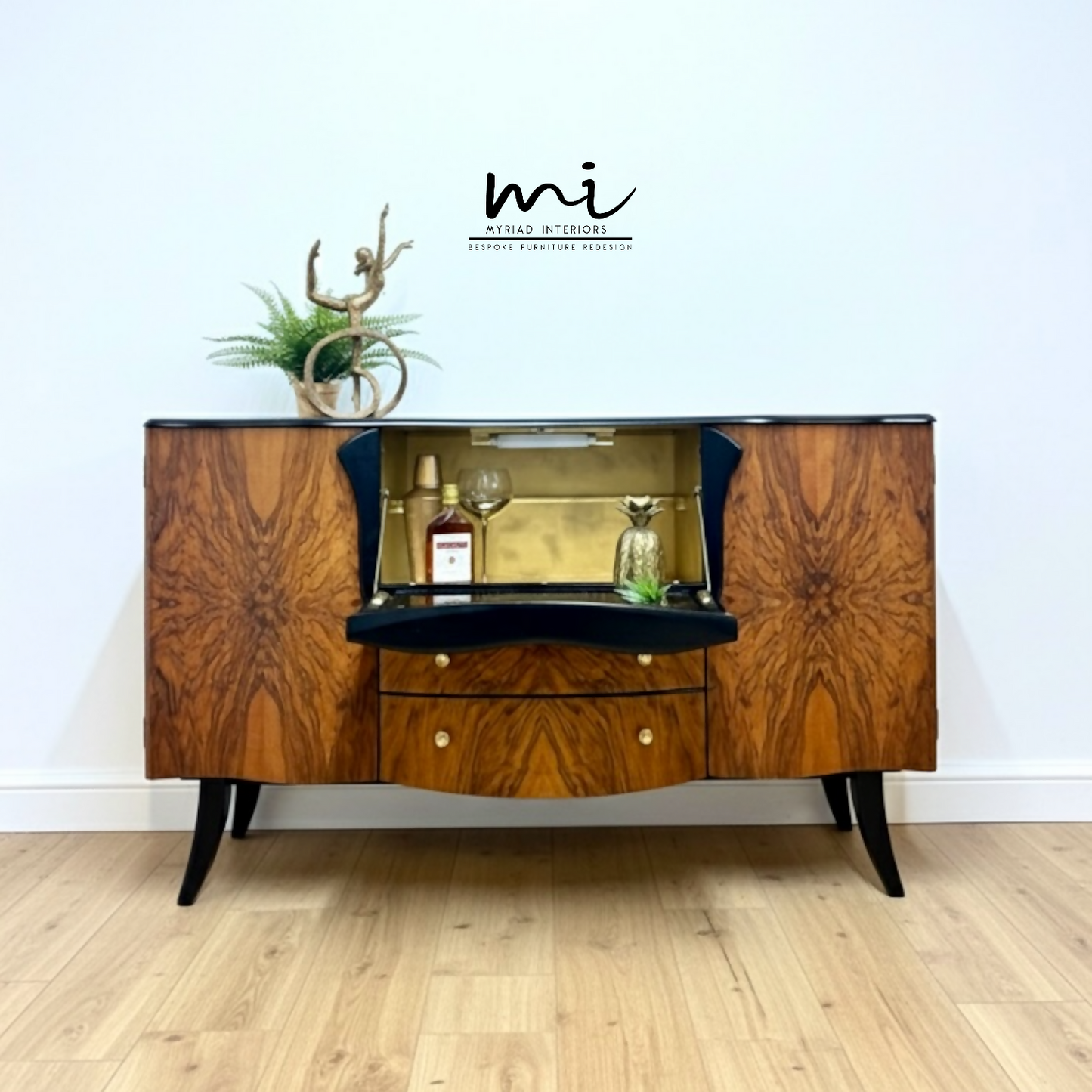 Refinished Art Deco Stonehill cocktail cabinet in black, hand painted, vintage drinks cabinet, gin bar, burr walnut, sideboard