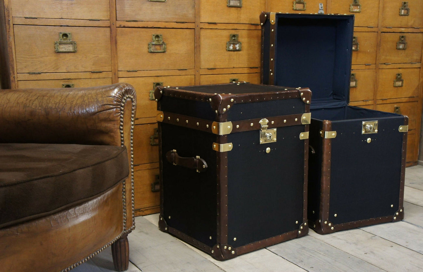 Vintage Black Millerain Handmade End tables - English bespoke storage trunks