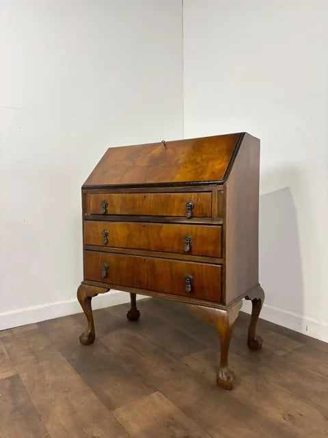 Vintage Walnut Veneered Bureau with Ball & Claw Feet