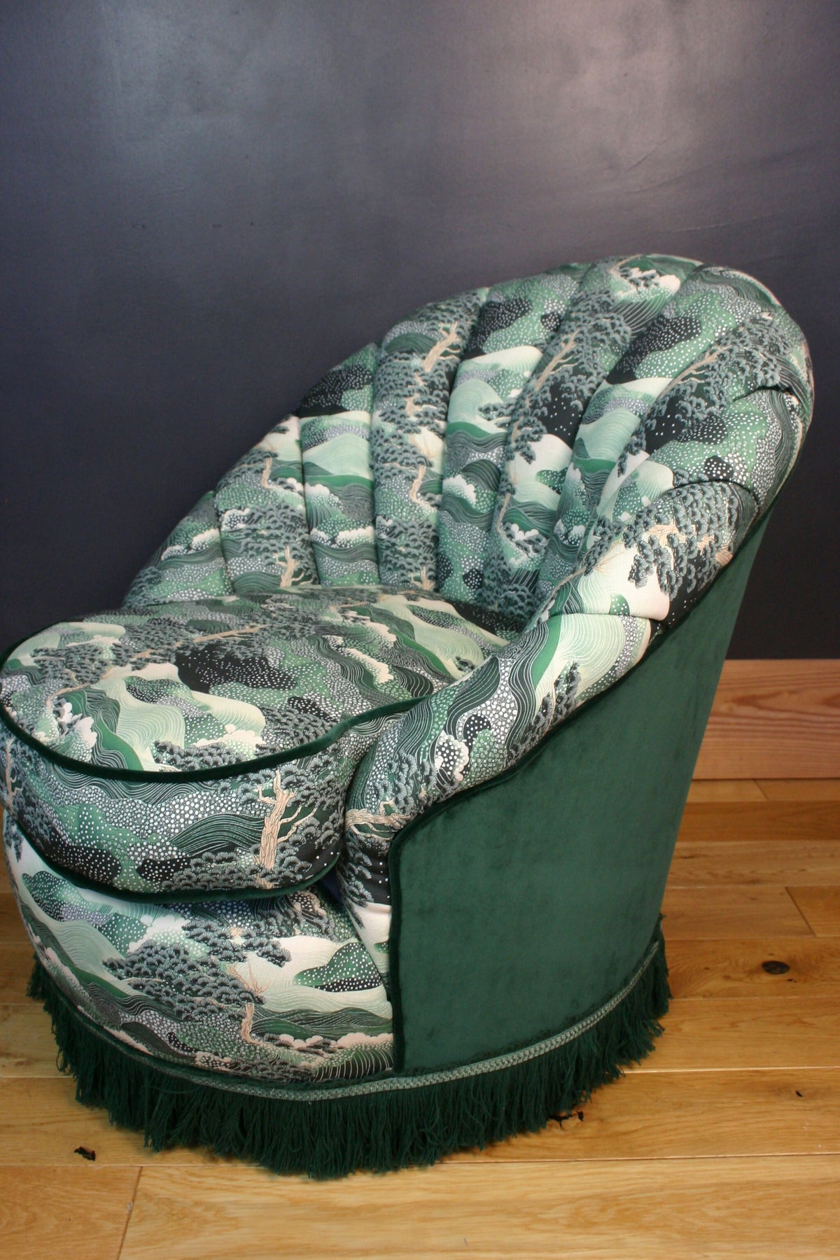 1960s Vintage Fluted Back Chair – Completely Reupholstered in Japanese-Inspired Designer Fabric