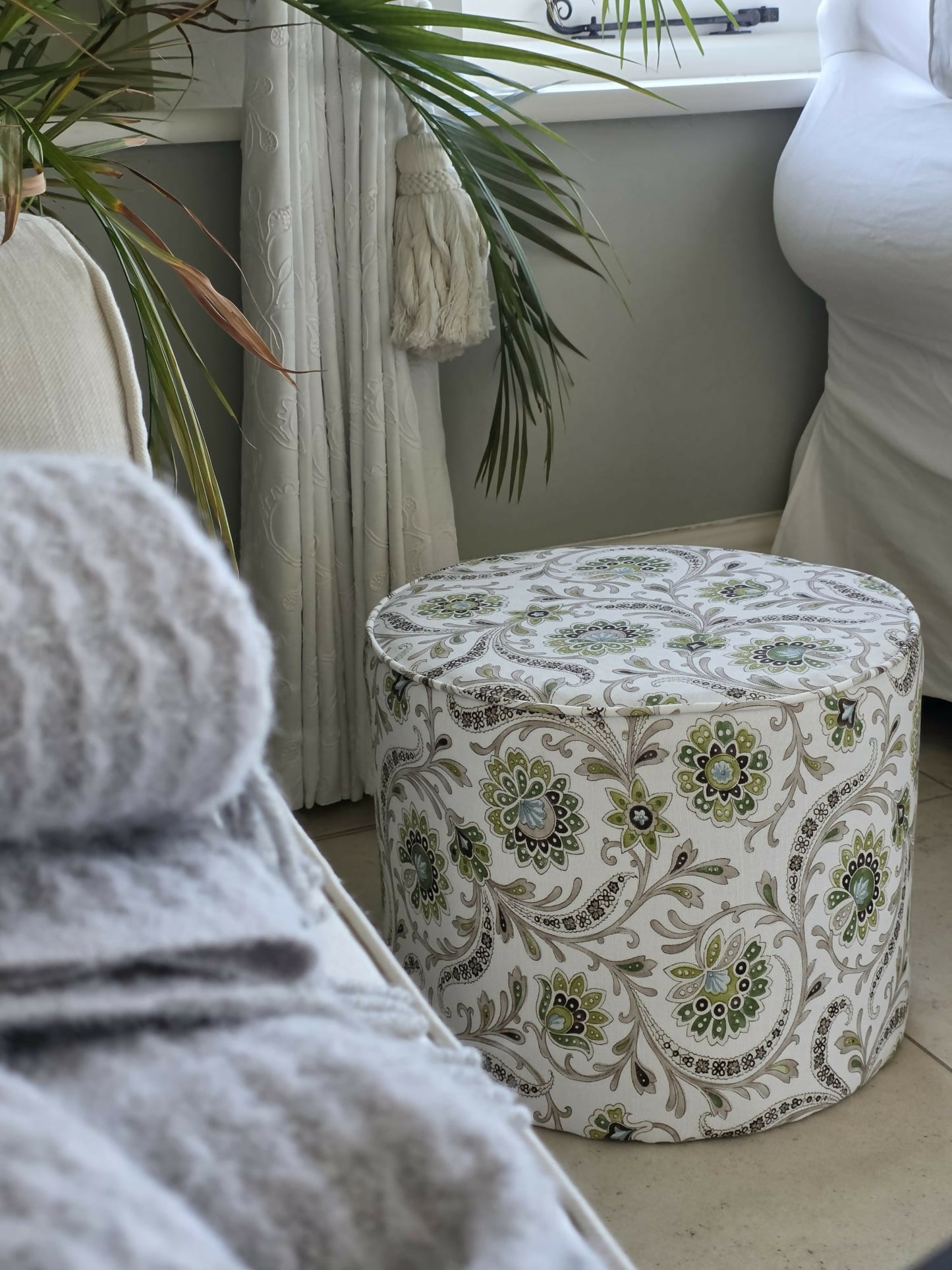 Footstool, Drum Style Stool, Indian Botanical Theme Newly Reupholstered in Nina Campbell Linen