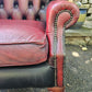 Vintage Oxblood Chesterfield Queen Anne Armchair High Back Button Back Well Worn