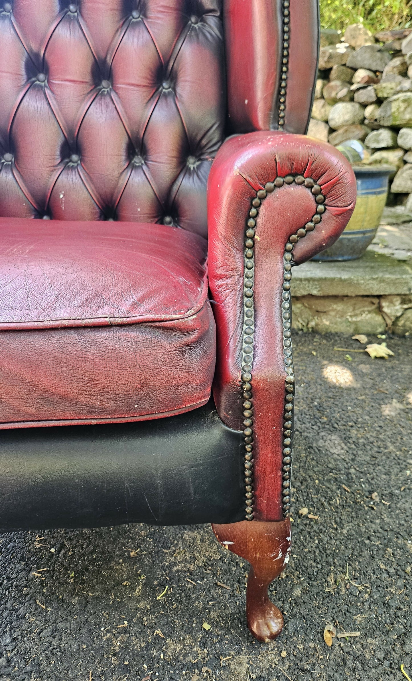 Vintage Oxblood Chesterfield Queen Anne Armchair High Back Button Back Well Worn