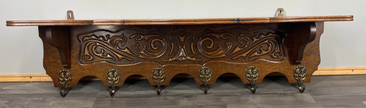 Coat Rack Antique French Style Oak Wall Shelf 6 Hooks Carved Hall Stand LOT 3511
