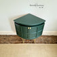 Nathan Mid Century Low Curved Corner Drinks Cabinet in Emerald Green on Gold hairpin Legs