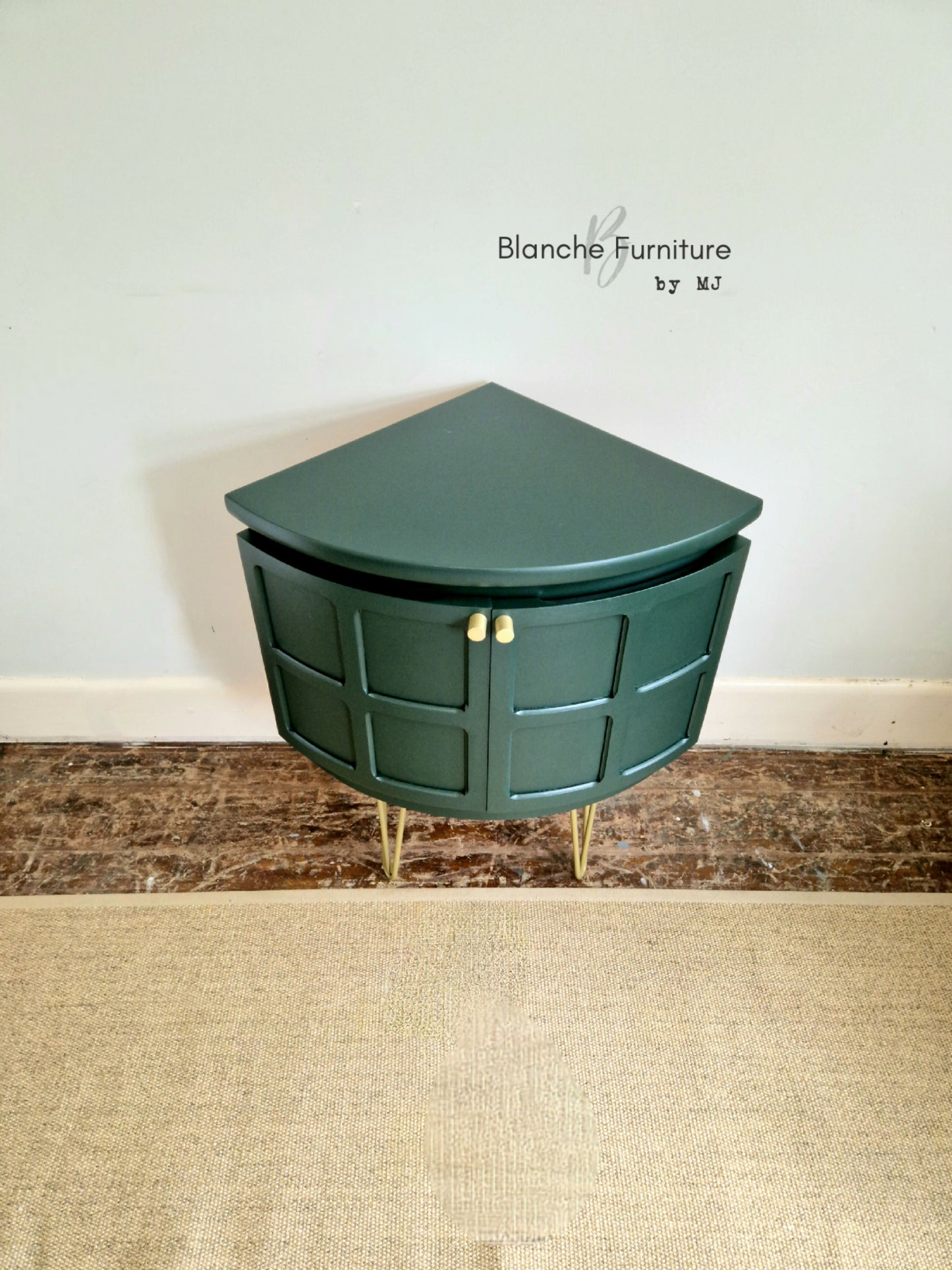 Nathan Mid Century Low Curved Corner Drinks Cabinet in Emerald Green on Gold hairpin Legs