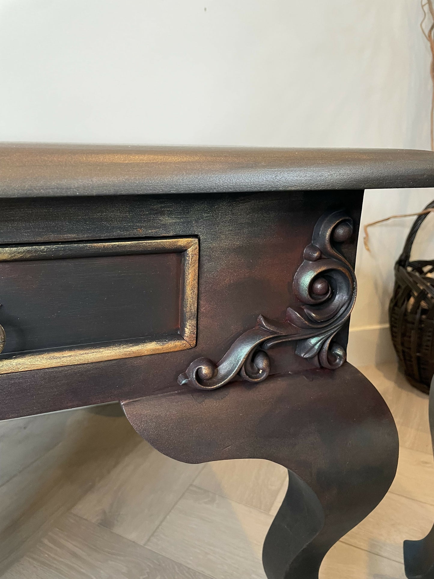 Vintage hand-painted side tables. Pair of french style bedside tables. Metallic finish