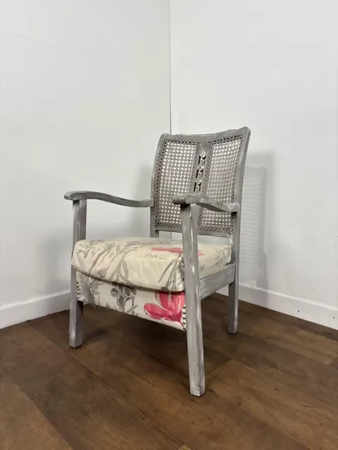 Vintage Painted Grey Cane Back Armchair / Bedroom Chair