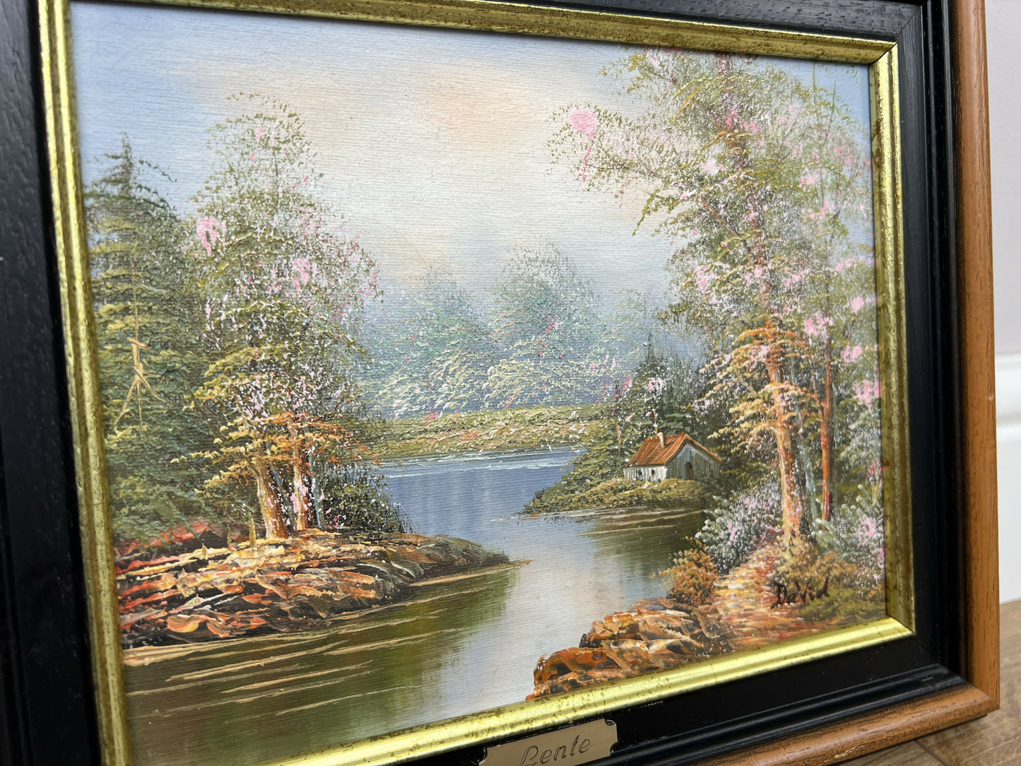 Painting Vintage French Style Signed Landscape Lake Cottage Framed LOT 6469