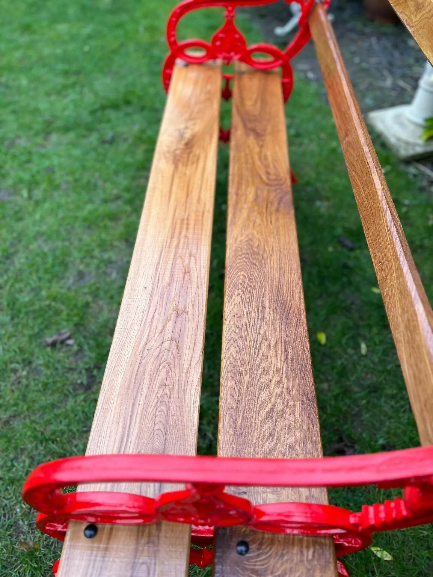 Ornate Red Garden Bench with Oak Planks